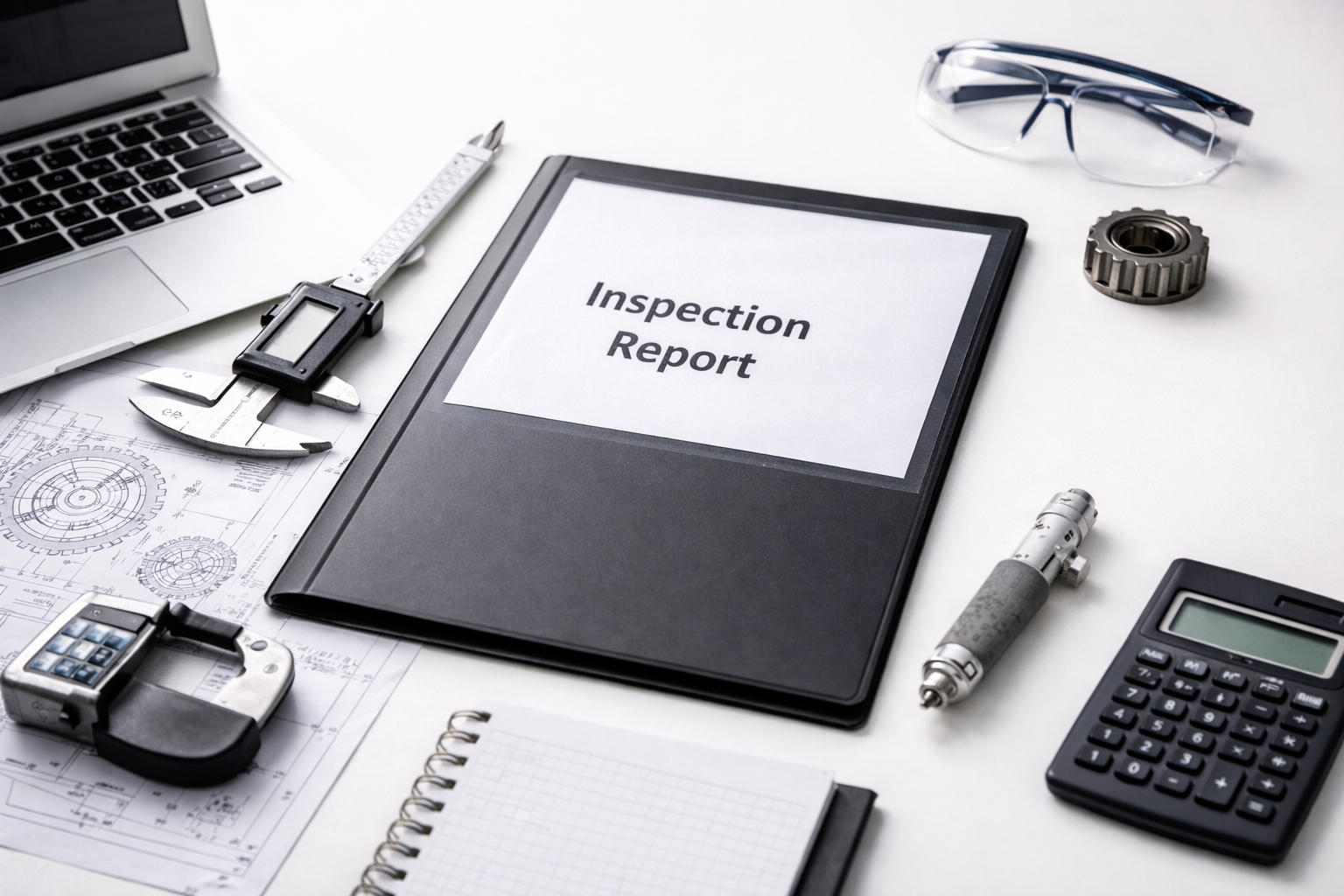 A technical inspection report folder on a desk.