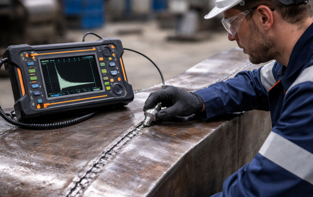 Man wearing a hard hat carrying out technical testing