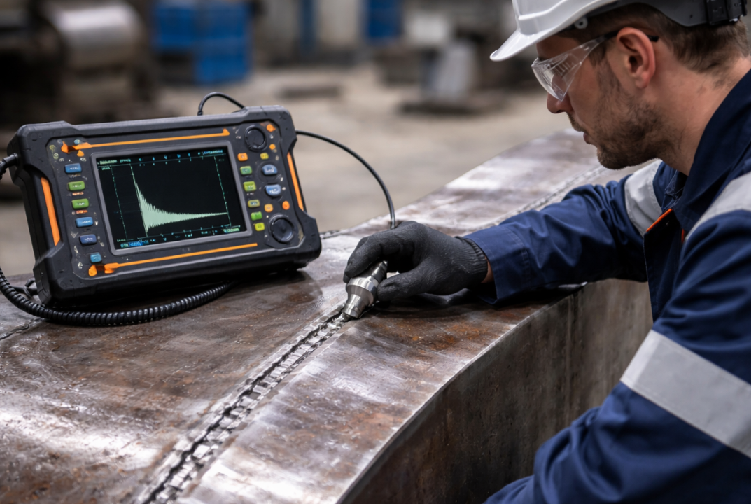 Man wearing a hard hat carrying out technical testing